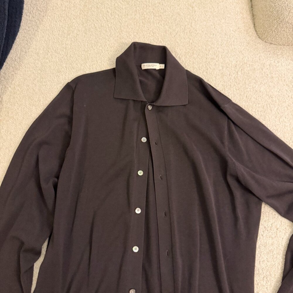 Suitsupply Dark Brown Cotton Silk Knit Polo Snap Buttons Sz L